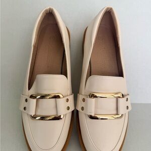 Aitaolian Women's Loafers Size 7.5(38) Beige Slip On Gold Buckle Dress Shoes